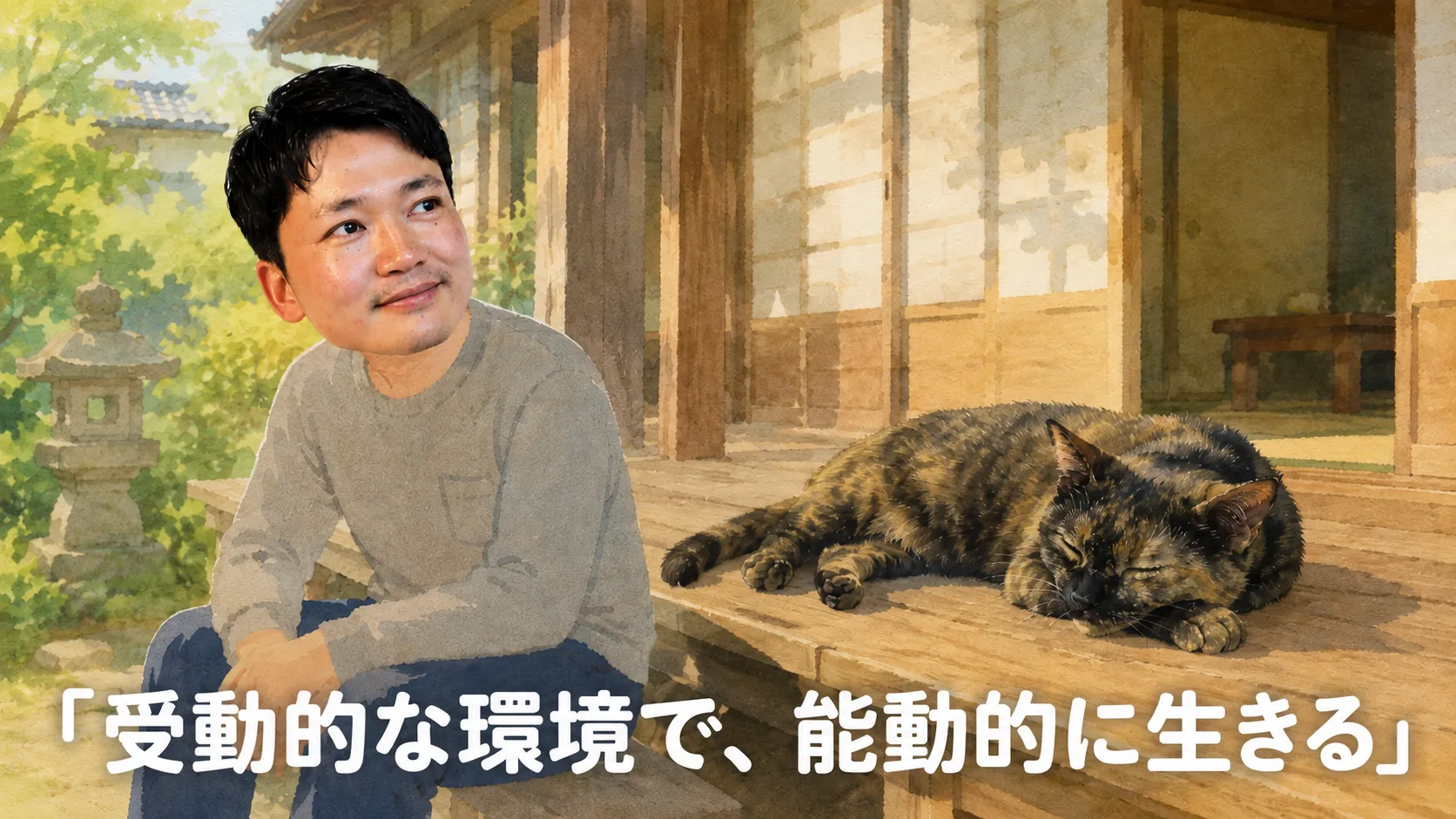 講演スライド：受動的な環境で、能動的に生きる。縁側でくつろぐ猫