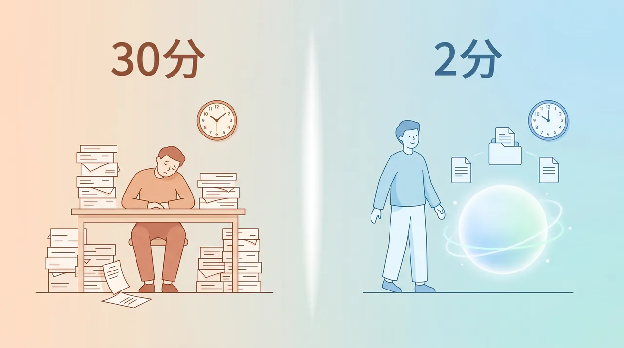 同じ作業が、AIに任せると30分から2分に短縮されるビフォーアフターの図解