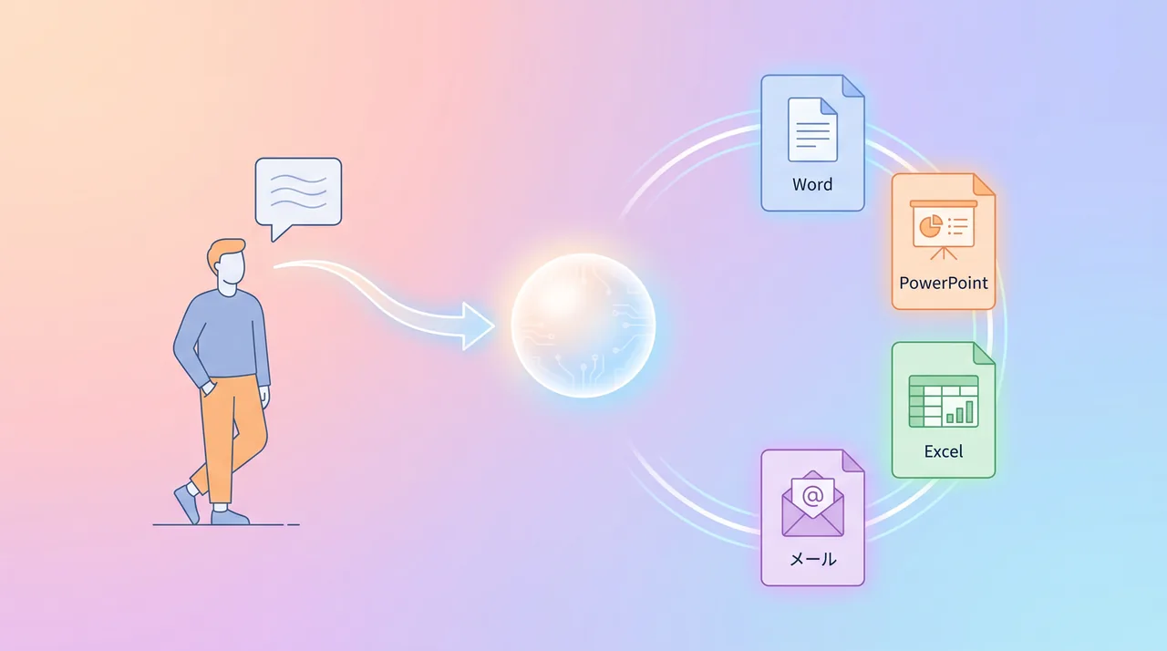 AIに話しかけるだけで、Word・PowerPoint・Excel・メールが出てくる様子の図解